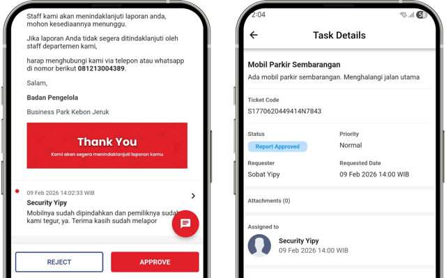 Tombol Approve untuk menyelesaikan laporan keamanan setelah selesai ditindaklanjuti