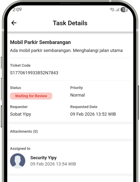Tampilan detail progres laporan keamanan di aplikasi Yipy