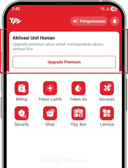 Halaman awal aplikasi Yipy dengan tombol Upgrade Premium