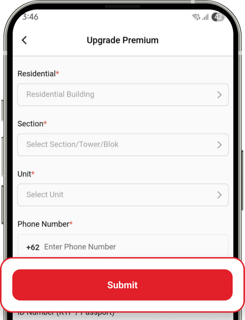 Form pengisian data diri dan pemilihan unit untuk proses upgrade premium di Yipy