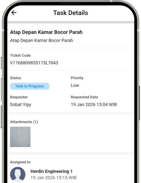 Tampilan monitoring status progres penanganan laporan di aplikasi Yipy